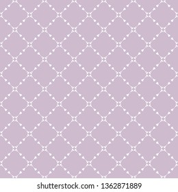Vector geometric floral seamless pattern with delicate grid, net, mesh, lattice, small flower shapes. Subtle abstract lilac and white background. Elegant ornament texture. Cute minimal repeat design