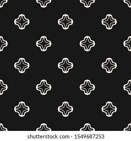 Vector geometric floral seamless pattern. Simple minimal texture. Black and white abstract graphic background. Monochrome minimalist ornament with small flowers, diamonds, stars. Dark repeat design