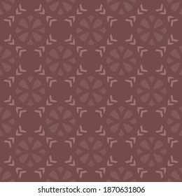 Vector geometric floral seamless pattern. Simple ornament with flower silhouettes, crosses, diamond shapes, grid. Abstract ornamental background in brown color. Retro vintage style. Repeatable design