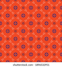 Vector geometric floral seamless pattern. Simple ornament with small flower silhouettes, diamonds shapes, crosses, arrows, grid. Abstract background design in trendy neon colors, orange and blue