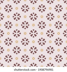 Vector geometric floral seamless pattern. Simple ornament with small flower silhouettes, crosses, diamond shapes. Abstract ornamental background in brown, yellow and gray color. Retro style design