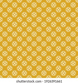 Vector geometric floral seamless pattern. Background in mustard yellow color. Simple abstract ornament. Delicate graphic texture with small diamond shapes, stars, rhombuses. Repeated decorative design