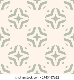 Vector geometric floral seamless pattern. Background in green and beige color. Simple abstract ornament. Delicate graphic texture with big diamond shapes, stars, rhombuses. Repeated decorative design