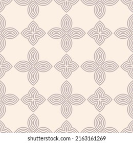 Vector geometric floral seamless pattern. Elegant minimal ornament. Simple abstract background with small flower shapes, petals, leaves, repeat tiles. Minimalist beige colored texture. Vintage design