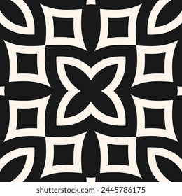 Vector geométrico floral sin patrón en estilo arabesco. Textura en blanco y negro con flores, hojas, pétalos, Formas curvas. Fondo geométrico simple. Abstractas adorno oriental, diseño geo