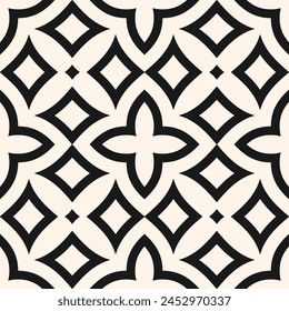 Vector geometric floral seamless pattern in oriental asian style. Black and white texture with flowers, leaves, petals, curved shapes, repeat tiles. Simple background. Abstract repeated geo ornament