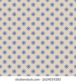 Vector geometric floral seamless pattern. Cute background with small flowers, sun shapes. Retro vintage 1960s - 1970s style texture in blue and beige color. Repeated nostalgic decorative geo design