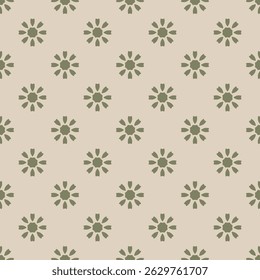 Vector geometric floral seamless pattern. Cute background with flowers, sun shapes. Retro vintage 1960s - 1970s style texture in green and beige color. Old fashioned repeated design for decor, package