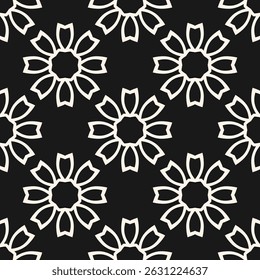 Vector geometric floral seamless pattern. Simple elegant background with big outline flowers. Retro vintage texture. Black and white ornament. Repeating dark geo design for decoration, textile, print