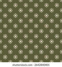 Padrão floral geométrico vetor sem emenda. Fundo bonito com flores pequenas, formas do sol. Retro vintage nostálgico 1960s - 1970s estilo textura em cor verde e bege. Projeto geográfico decorativo repetido