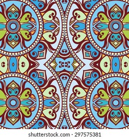 Vector geometric and floral seamless pattern, colorful abstract background with hand drawn repeating texture. Tribal ethnic arabic indian ornament