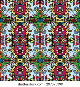 Vector geometric and floral seamless pattern, colorful abstract background with hand drawn repeating texture. Tribal ethnic arabic indian ornament