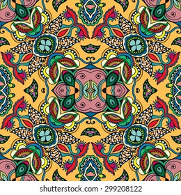 Vector geometric and floral seamless pattern, colorful abstract background with hand drawn repeating texture. Tribal ethnic arabic indian ornament