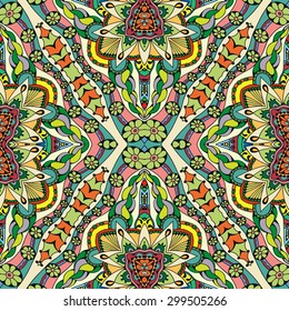 Vector geometric and floral seamless pattern, colorful abstract background with hand drawn repeating texture. Tribal ethnic arabic indian ornament