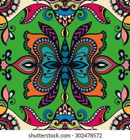 Vector geometric and floral seamless pattern, colorful abstract background with hand drawn repeating texture. Tribal ethnic arabic indian ornament