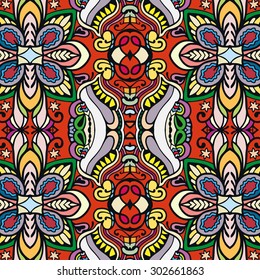 Vector geometric and floral seamless pattern, colorful abstract background with hand drawn repeating texture. Tribal ethnic arabic indian ornament