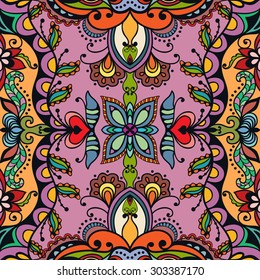 Vector geometric and floral seamless pattern, colorful abstract background with hand drawn repeating texture. Tribal ethnic arabic Indian ornament