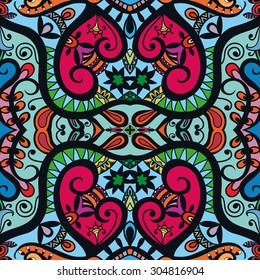 Vector geometric and floral seamless pattern, colorful abstract background with hand drawn repeating texture. Tribal ethnic arabic Indian ornament