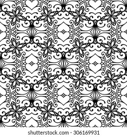 Vector geometric and floral seamless pattern, abstract background with hand drawn repeating texture. Tribal ethnic arabic indian ornament. Black and white