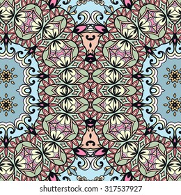 Vector geometric and floral seamless pattern, tribal ethnic arabic indian ornament. Colorful abstract background with hand drawn sketchy repeating texture. 