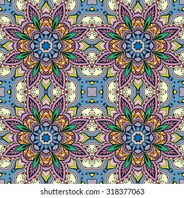 Vector geometric and floral seamless pattern, tribal ethnic arabic indian ornament. Colorful abstract background with hand drawn sketchy repeating texture. 