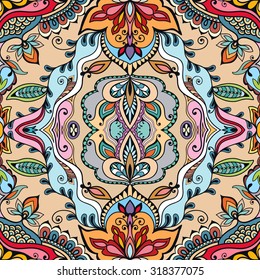 Vector geometric and floral seamless pattern, tribal ethnic arabic indian ornament. Colorful abstract background with hand drawn sketchy repeating texture. 