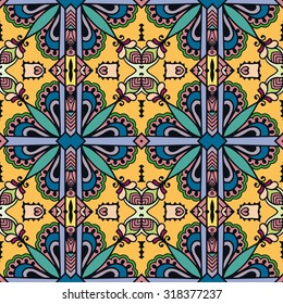 Vector geometric and floral seamless pattern, tribal ethnic arabic indian ornament. Colorful abstract background with hand drawn sketchy repeating texture. 
