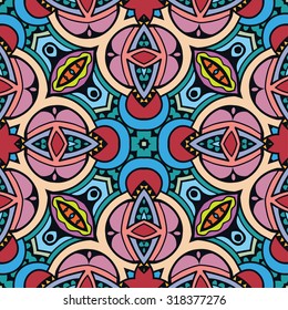 Vector geometric and floral seamless pattern, tribal ethnic arabic indian ornament. Colorful abstract background with hand drawn sketchy repeating texture. 