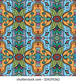 Vector geometric and floral seamless pattern, tribal ethnic arabic indian ornament. Abstract background with hand drawn repeating texture. 