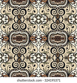 Vector geometric and floral seamless pattern, tribal ethnic arabic indian ornament. Abstract background with hand drawn repeating texture. 