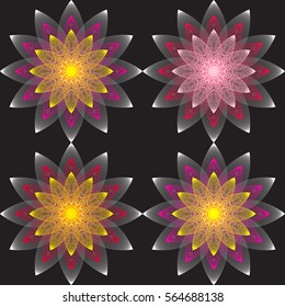 Vector geometric flower pattern made of lines and simple shapes in different colors