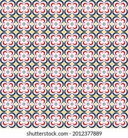 Vector geometric flower shape line grid seamless pattern blue red yellow color background. Simple Sino-Portuguese, Peranakan pattern. Use for fabric, textile, interior decoration elements, upholstery.