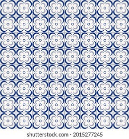 Vector geometric flower shape line grid seamless pattern monochrome blue color background. Simple Sino-Portuguese, Peranakan pattern. Use for fabric, textile, interior decoration elements, upholstery.