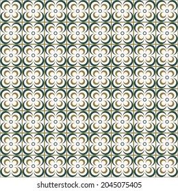 Vector geometric flower shape line grid seamless pattern green-gold color background. Simple Sino-Portuguese, Peranakan pattern. Use for fabric, textile, interior decoration elements, upholstery.