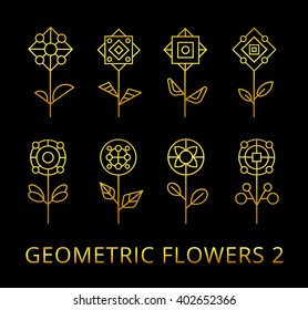 Vector geometric flowers. Set of decorative floral design elements. Geometric ornaments. Golden flowers. Modern linear style. Vector ornamental gold symbols. Collection of outline emblems and badges.