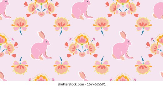 Vector geometric folk art cute easter bunny pattern on pink background. Happy spring design. Event and holidays. Surface pattern design.