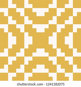 Vector geometric folk ornament. Fair isle seamless pattern. Traditional ethnic motif. Ornamental background with squares, crosses, embroidery, knitting. Mustard yellow and beige color. Repeat texture