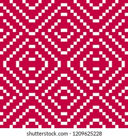 Vector geometric folk ornament. Slavic traditional ethnic seamless pattern. Ornamental background with small squares, crosses, floral shapes. Repeat texture of embroidery, knitting. Red and white