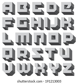 Vector geometric font. Square letters. Modern 3D type. Black and white typeface.