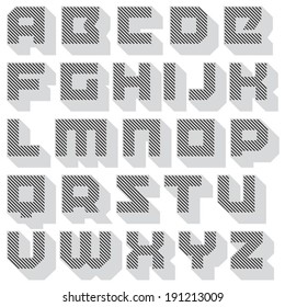 Vector geometric font. Square letters. Modern type. Brick typeface with long diagonal shadow
