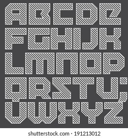 Vector geometric font. Square letters. Modern type. Brick typeface filled with diagonal lines