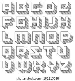 Vector geometric font. Square letters. Modern type. Brick typeface with long diagonal shadow