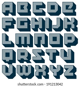 Vector geometric font. Square letters. Modern type. Brick typeface with long diagonal shadow