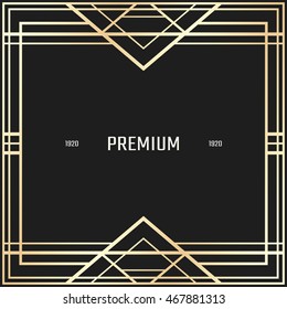 Vector geometric frame in Art Deco style. Square abstract element for design. Light golden lined shape.