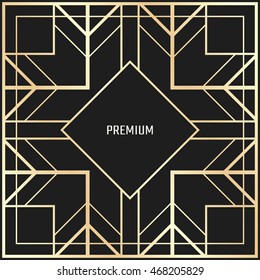 Vector geometric frame in Art Deco style. Square abstract element for design. Light golden lined shape.