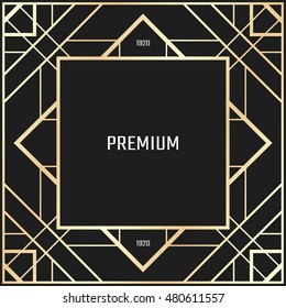 Vector geometric frame in Art Deco style. Square abstract element for design. Light golden lined shape.