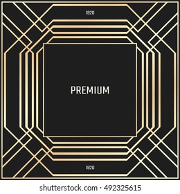 Vector geometric frame in Art Deco style. Square abstract element for design. Light golden lined shape.