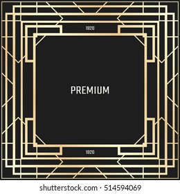 Vector geometric frame in Art Deco style. Square abstract element for design. Light golden lined shape.