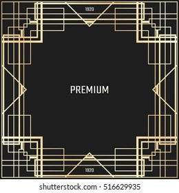 Vector geometric frame in Art Deco style. Square abstract element for design. Light golden lined shape.