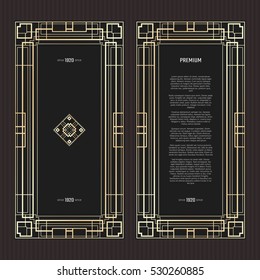 Vector geometric frame in Art Deco style. Rectangle abstract element for design. Light golden lined shape. Sandblasting ornament